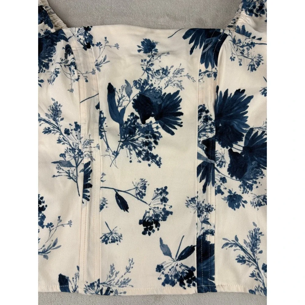 Abercrombie & Fitch Womens M Blue Floral Puff Sleeve Smocked Corset Top Blouse